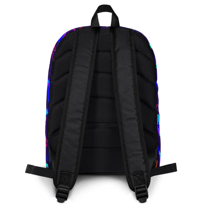 Black backpack with colorful patterns on a white background
