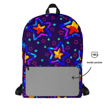 Backpack with colorful star pattern on a white background