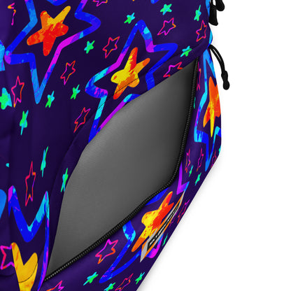 Colorful star-patterned bag with a black interior pocket on a white background