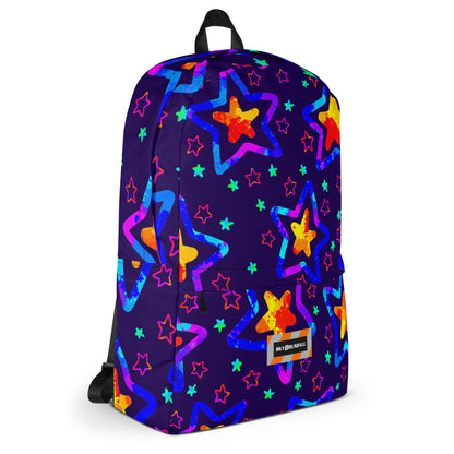 Backpack with colorful star pattern on a purple background