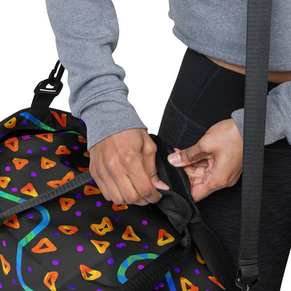 Person adjusting a backpack with colorful patterns on a white background