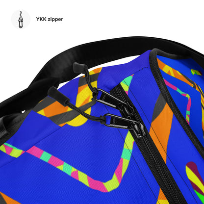 Close-up of a colorful bag with a YKK zipper on a white background