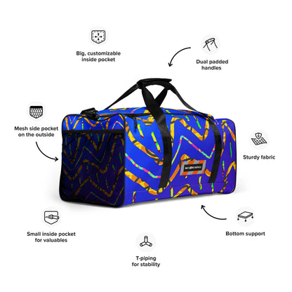 Blue duffel bag with colorful pattern on a white background, featuring text labels about bag features.