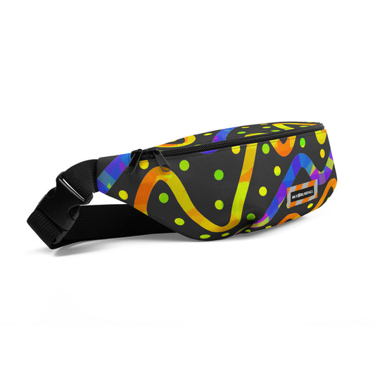 Fanny pack with colorful polka dot pattern on a white background