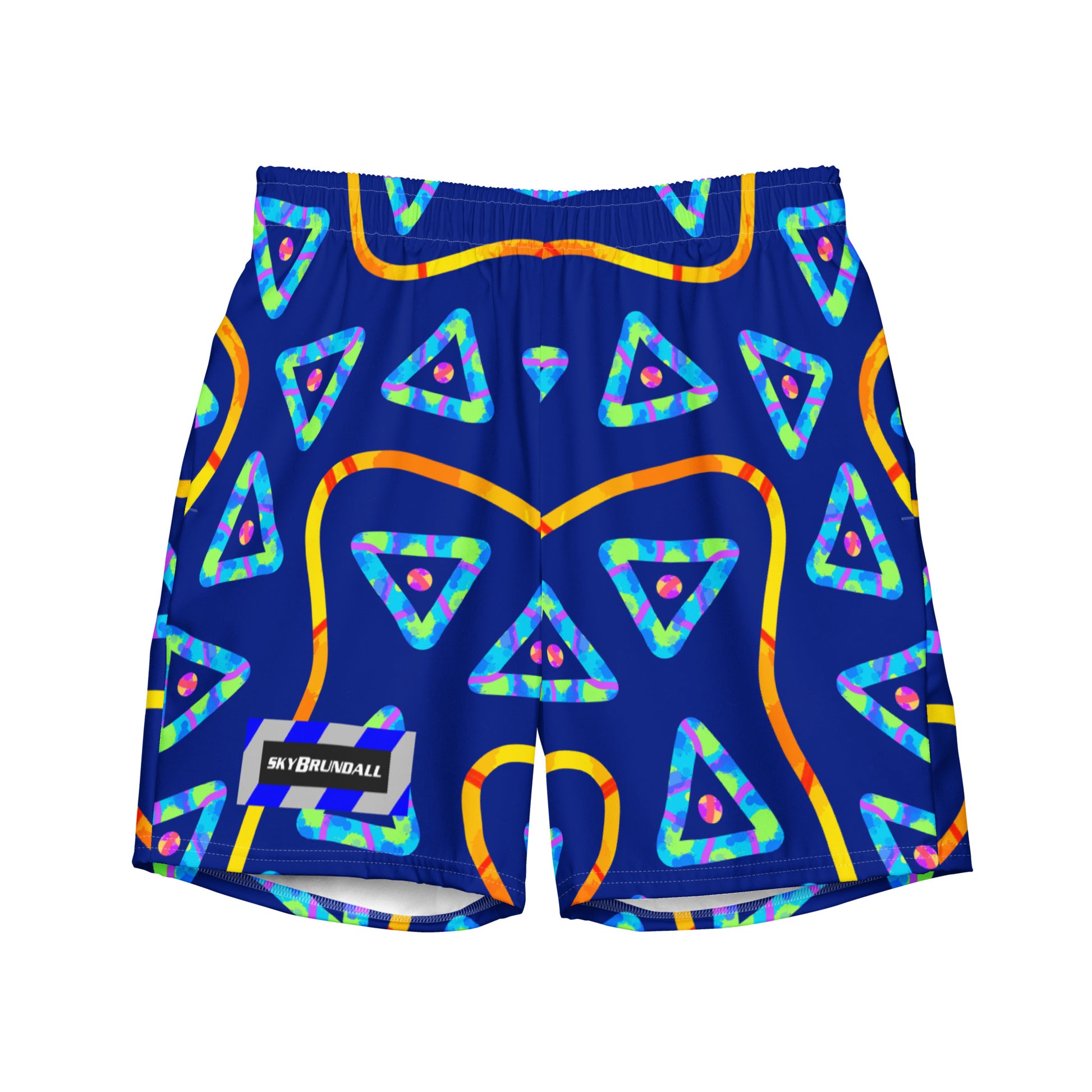 Colorful geometric patterned shorts on a blue background