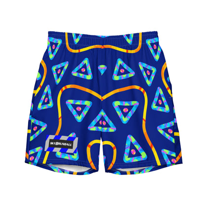 Colorful geometric patterned shorts on a blue background