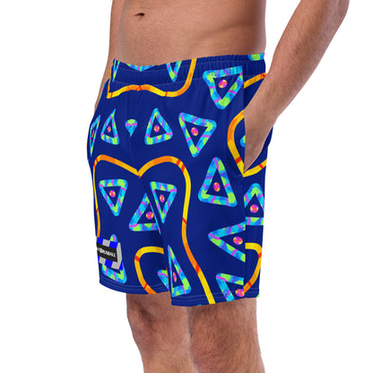 Colorful geometric-patterned swim shorts on a white background