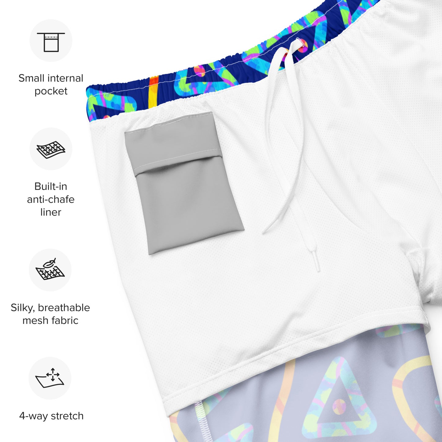 Multicolored shorts with text highlighting features on a white background