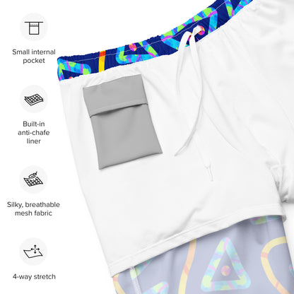 Multicolored shorts with text highlighting features on a white background