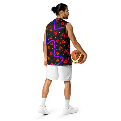 Person wearing a colorful basketball jersey with a white background
