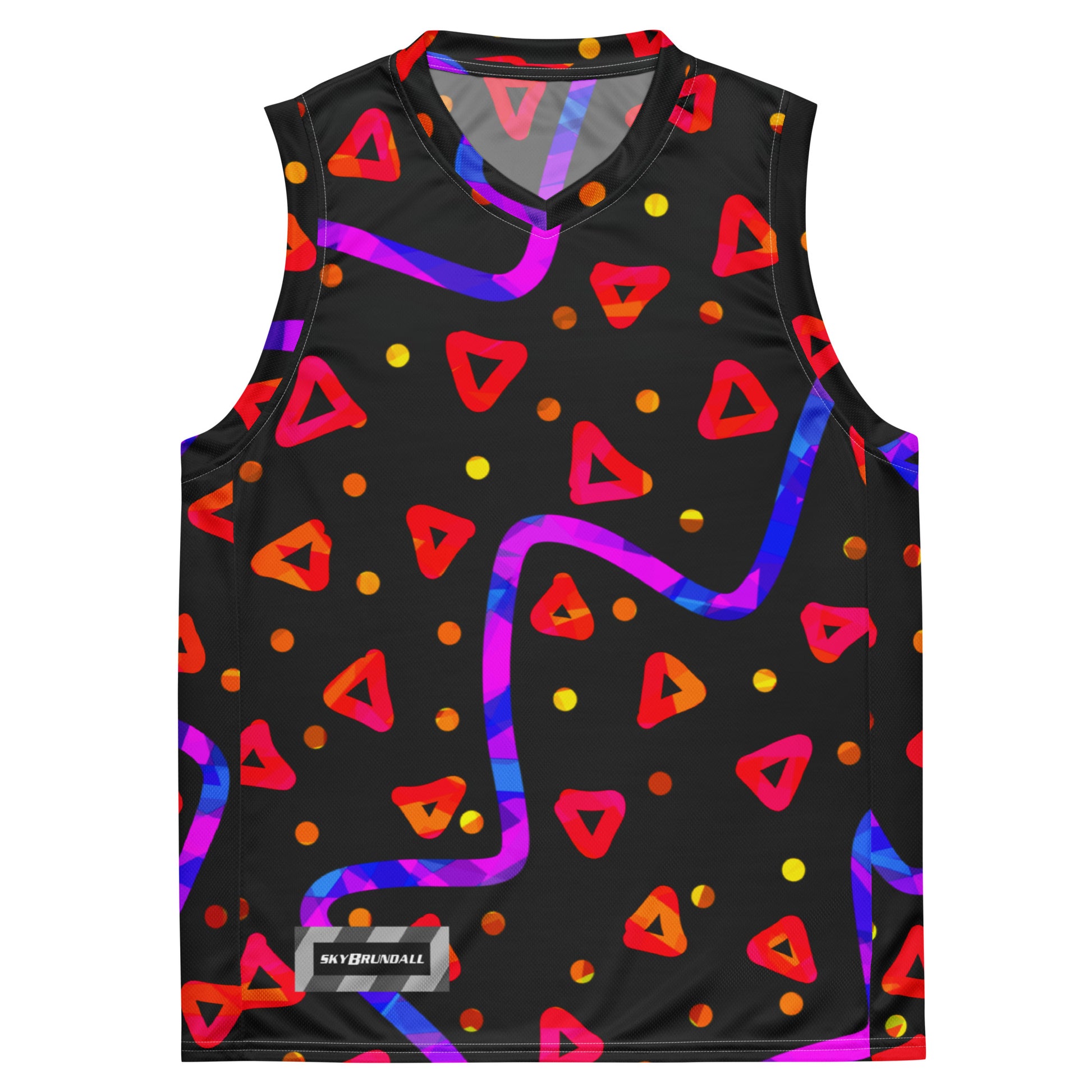 Black tank top with colorful geometric pattern on a white background