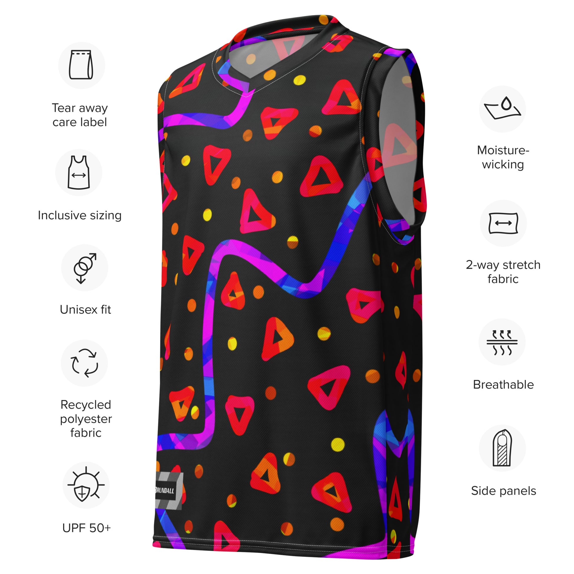Colorful sleeveless shirt with geometric pattern on a black background, featuring text labels about shirt attributes.