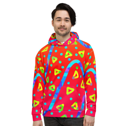 Person wearing a colorful hoodie with geometric patterns on a white background