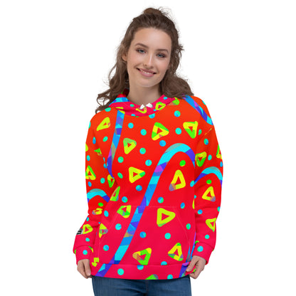 Person wearing a colorful hoodie with geometric patterns on a white background
