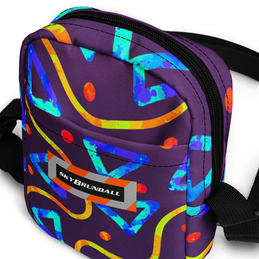 Colorful geometric-patterned bag with 'SkyBrunball' branding on a white background