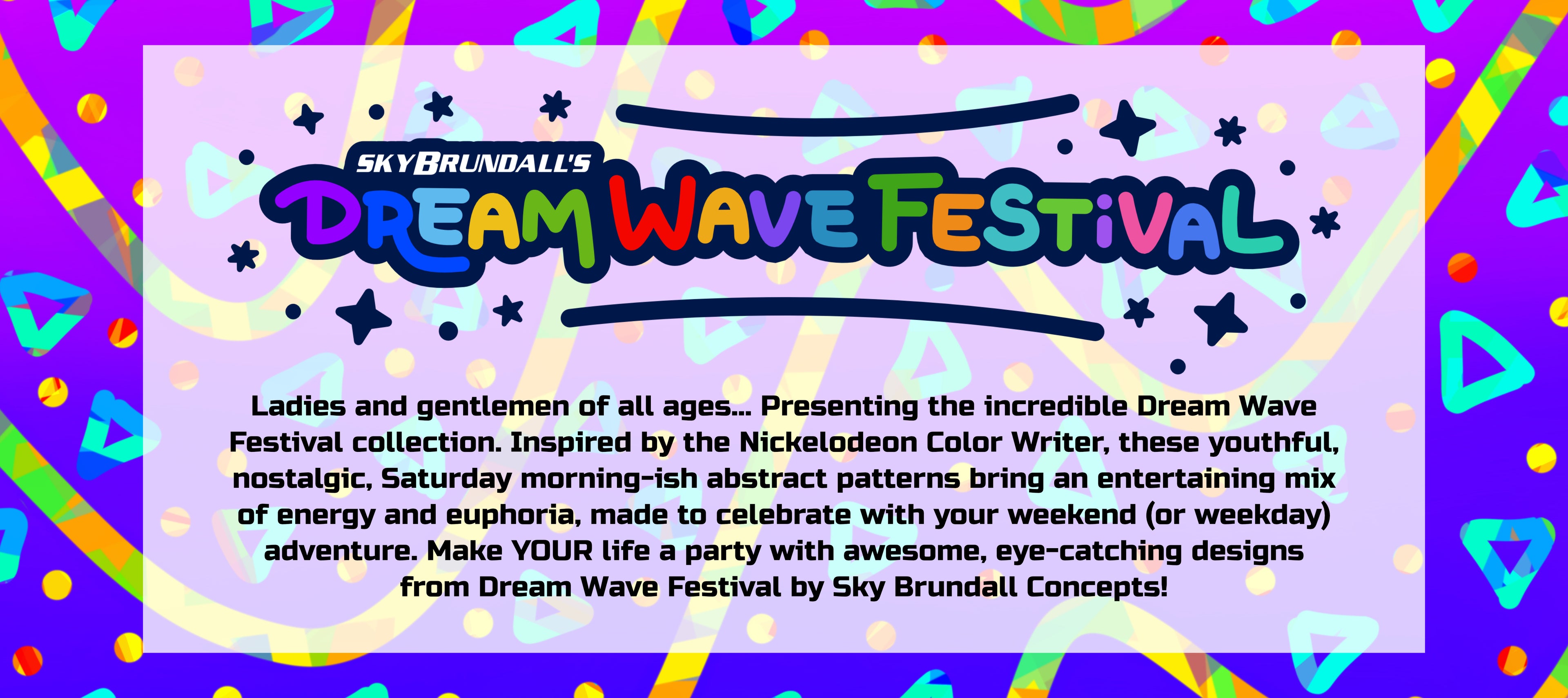 Promotional graphic for Dream Wave Festival with colorful text and abstract patterns on a purple background.