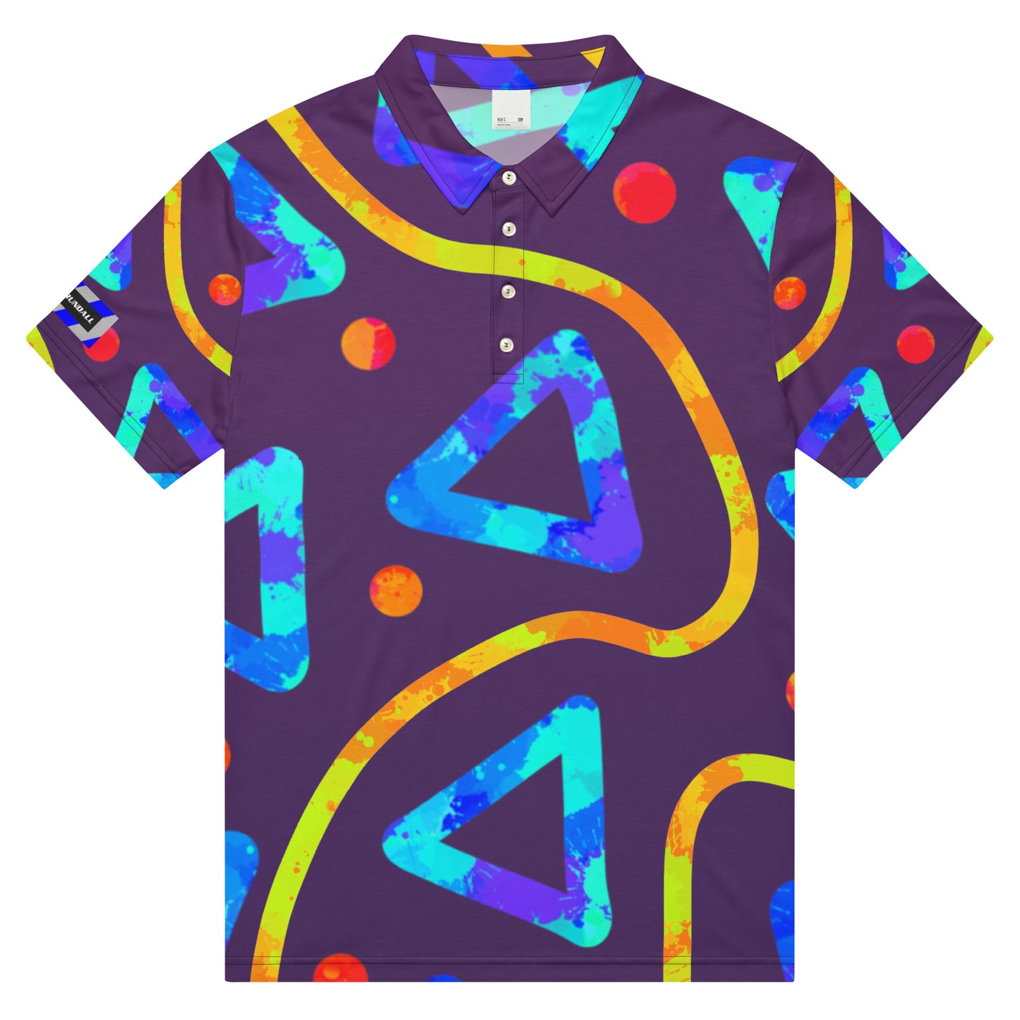Colorful geometric patterned shirt on a white background