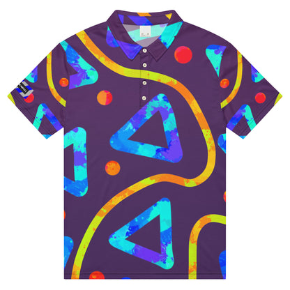 Colorful geometric patterned shirt on a white background