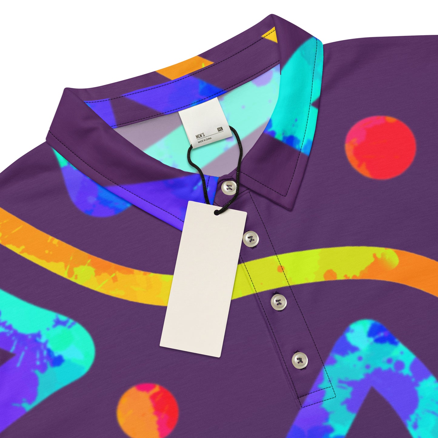 Colorful polo shirt with geometric patterns and a tag on a white background